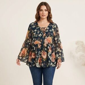 Show Me Your MuMu Navy Floral Tie-Front Peasant Top with Peach Roses Small